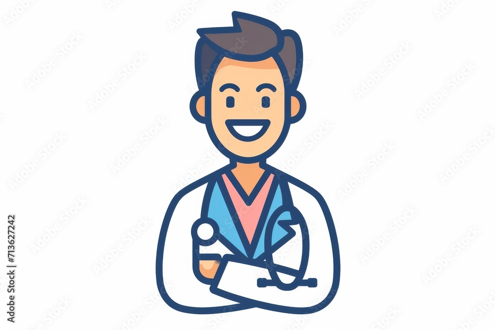 A whimsical sketch of a cartoon doctor in a white lab coat, holding a stethoscope and wearing a friendly smile