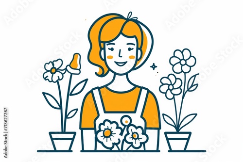 A whimsical cartoon illustration of a woman's face surrounded by pots of blooming flowers, captured in a simple yet detailed line art sketch