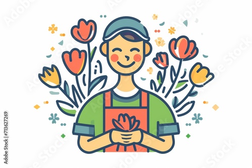 A whimsical animated cartoon of a man with a child-like sketch of a human face, holding a bouquet of flowers in a charmingly cartoonish illustration