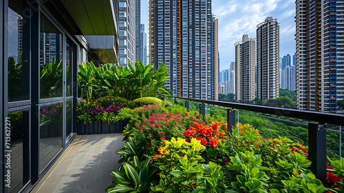 Folhagem exuberante escorre sobre as bordas de telhados de jardins modernos criando um contraste deslumbrante contra os arranha-céus de concreto e vidro photo
