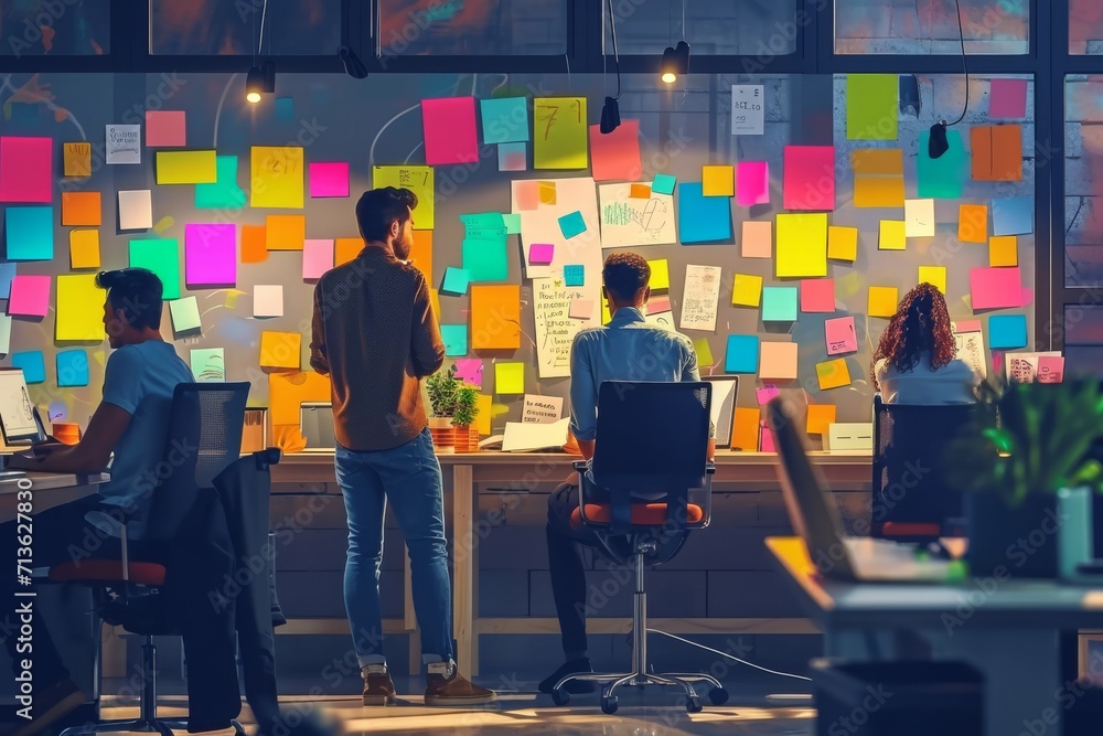 A diverse group of individuals huddled together in a cozy indoor space, adorned in colorful clothing and surrounded by vibrant art, intently studying the array of sticky notes plastered on the wall - obrazy, fototapety, plakaty 