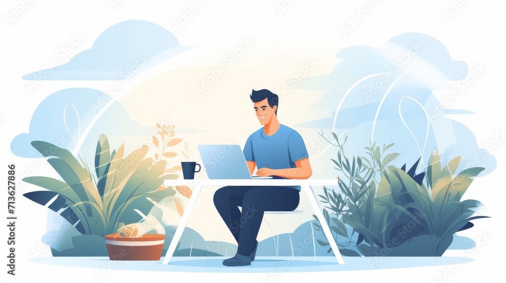 Fototapeta premium A creative individual works on their laptop surrounded by a lush display of greenery, with a delicate flowerpot and elegant vase adding to the stylish design of the room
