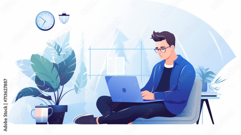 A tech-savvy man, clad in stylish clothing, types away on his laptop while the clock ticks away, lost in a world of digital possibilities A tech-savvy man, clad in stylish clothing, types away on his laptop while the clock ticks away, lost in a world of digital possibilities