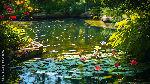 Folhagem verde exuberante rodeia um lago tranquilo refletindo as cores vibrantes de flores em plena flora    o  P  talas delicadas balan  am suavemente na brisa criando uma sinfonia de ru  dos suaves no