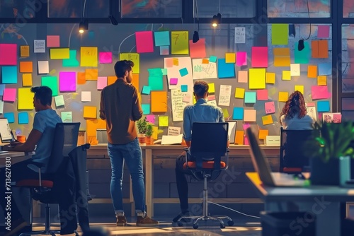 A diverse group of individuals huddled together in a cozy indoor space, adorned in colorful clothing and surrounded by vibrant art, intently studying the array of sticky notes plastered on the wall photo