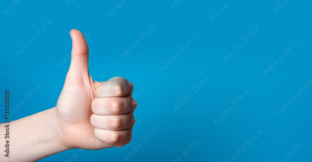 A woman's hand giving a thumbs-up gesture as a sign of approval or liking.