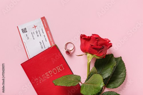 Passport with ticket, ring ...