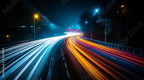 Long exposure of traffic at night showing streaks of colorful light trails