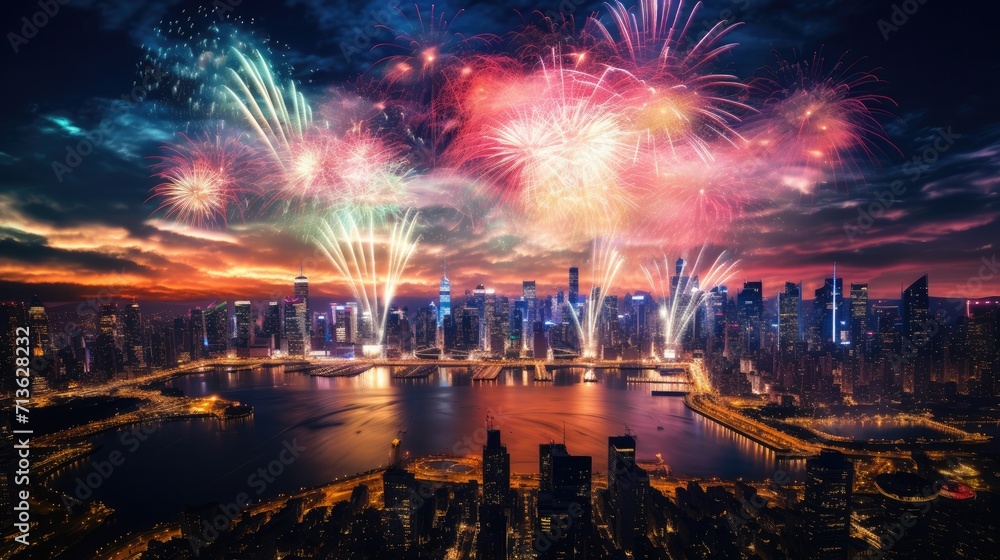 Fireworks Illuminate City Skyline With Stunning Colors and Explosions, Happy New Year