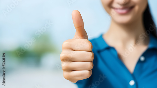 A detailed view of a woman's hand offering a thumbs up, indicating approval or showing that she likes something photo