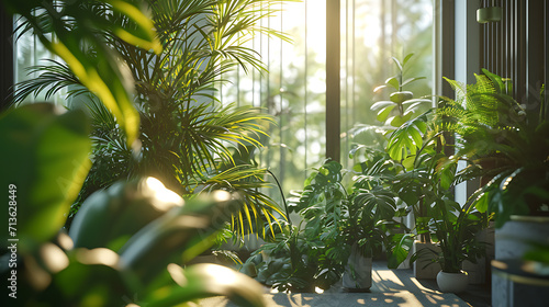 Plantas de casa verde exuberante revestem o interior moderno e elegante de um espa  o de vida luminoso