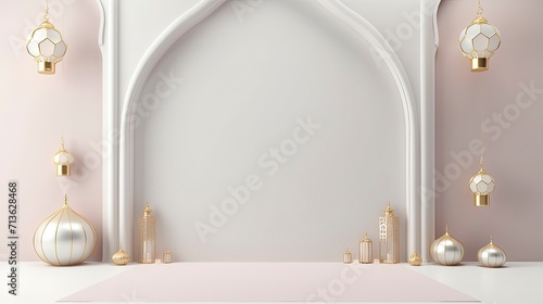 Ramadan elegant white and golden luxury ornamental background with decorative lantern - Arabic islamic Background photo