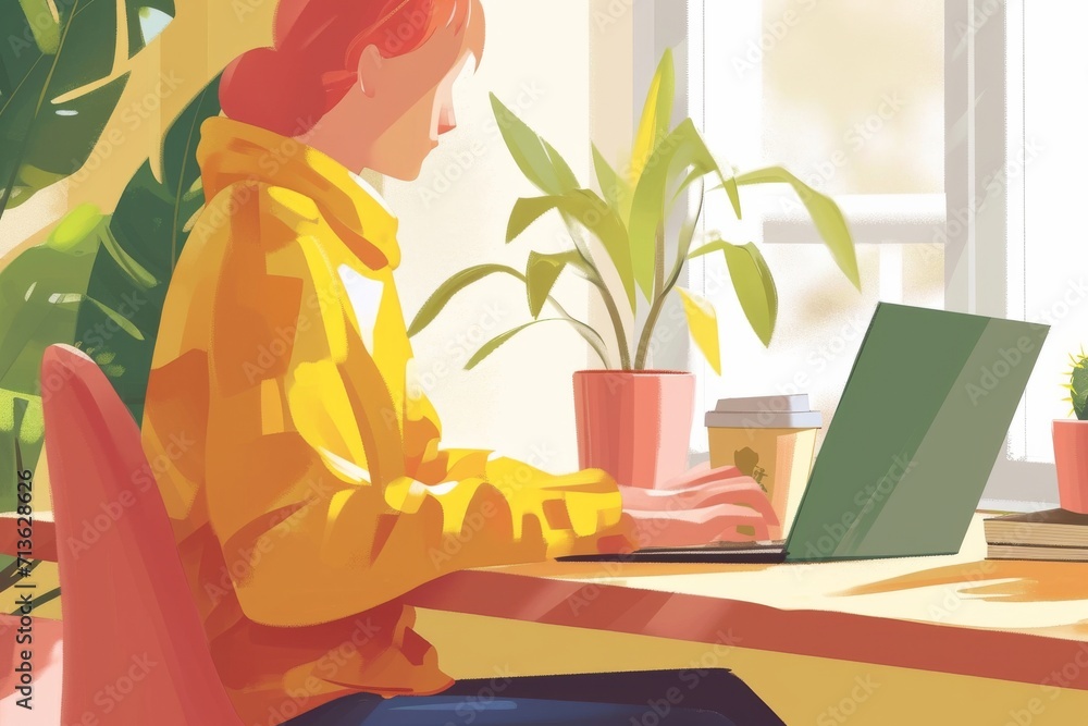 A woman sits at her desk, surrounded by the comforting presence of a vase filled with vibrant flowers and a lush houseplant, as she works diligently on her laptop in the comfort of her indoor sanctua A woman sits at her desk, surrounded by the comforting presence of a vase filled with vibrant flowers and a lush houseplant, as she works diligently on her laptop in the comfort of her indoor sanctua
