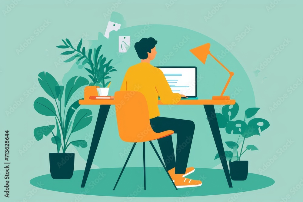 A creative man sits at his desk, surrounded by plants and clothing, as he meticulously designs a cartoon illustration with his trusty computer, bringing his art to life A creative man sits at his desk, surrounded by plants and clothing, as he meticulously designs a cartoon illustration with his trusty computer, bringing his art to life