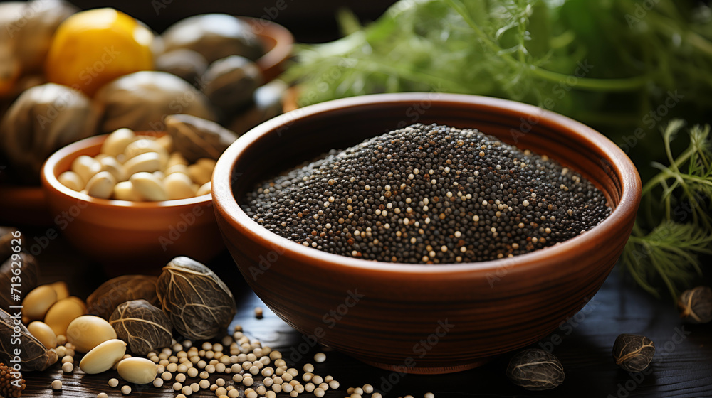 Assorted seeds and spices in bowls on a wooden surface Assorted seeds and spices in bowls on a wooden surface