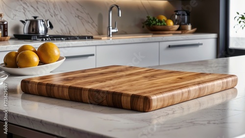 A wooden cutting board on a clean counter in a modern kitchen.