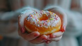 Close-up of a woman's hand holding a delicious donut, background image, generative AI