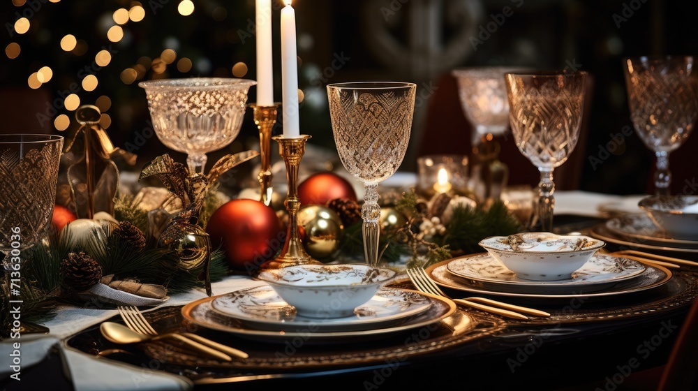 Elegant Table Setting With Gold and White Plates and Silverware, Happy New Year
