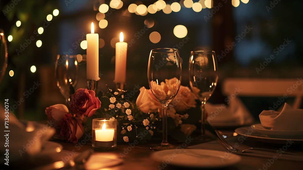 Intimate dinner scene with candles, flowers, and a romantic ambiance, valentine’s day vibes, background image, generative AI