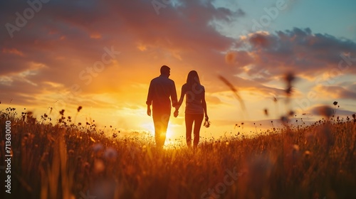 Couple walking hand in hand during a beautiful sunset, valentine’s day vibes, background image, generative AI