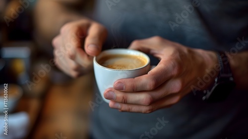 Close-up of a man s hand holding a cup of coffee  background image  generative AI