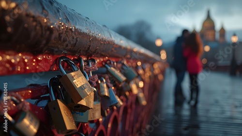 Couples placing love locks on a picturesque bridge, valentine’s day vibes, background image, generative AI photo