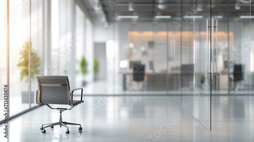 Sleek workspace with transparent glass partitions reflecting the sunlight and a lone office chair stands in the foreground in a bright, modern office setting. photo