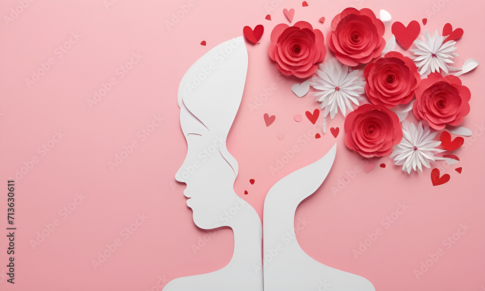 visually appealing representation for Valentine's Day, featuring a face and flowers in a paper-cut style, ensuring high quality and sufficien