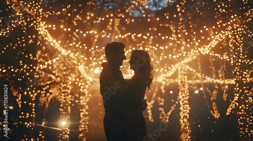 Couple dancing under a canopy of twinkling fairy lights, valentine’s day vibes, background image, generative AI