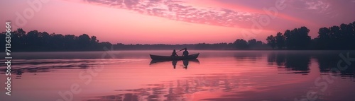 Couple sailing on a serene lake or river under a pink sunset, valentine’s day vibes, background image, generative AI