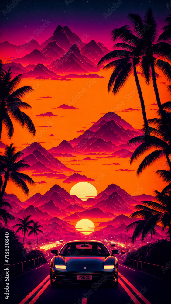 synthwave sunset scenery, a supercar driving down the road on an orange sunset, waves, mountains, palm trees, miami, 80s, warm, colourful, summer vibes, golden times	