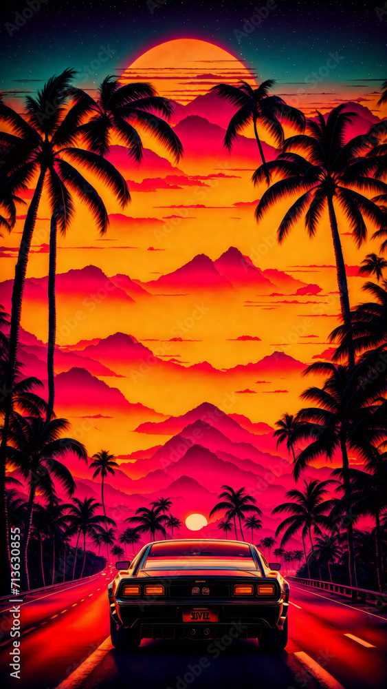 synthwave sunset scenery, a supercar driving down the road on an orange sunset, waves, mountains, palm trees, miami, 80s, warm, colourful, summer vibes, golden times	
