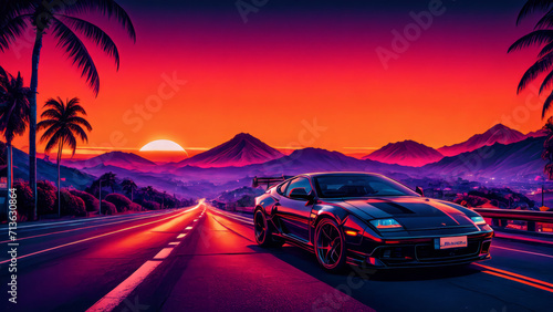 synthwave sunset scenery, a supercar driving down the road on an orange sunset, waves, mountains, palm trees, miami, 80s, warm, colourful, summer vibes, golden times	 photo