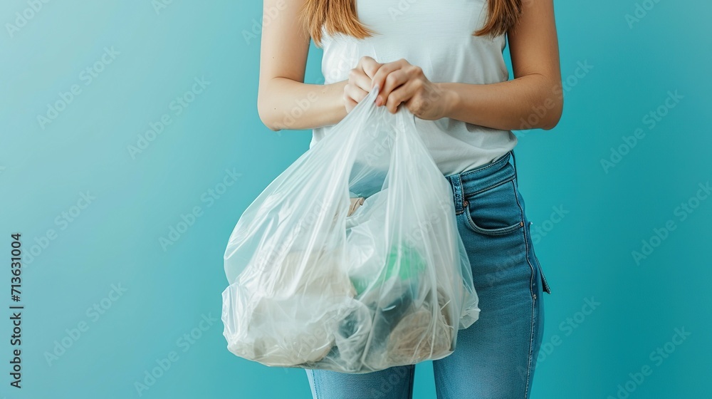 Woman holding plastic bag full of garbage on light blue background, closeup Woman holding plastic bag full of garbage on light blue background, closeup