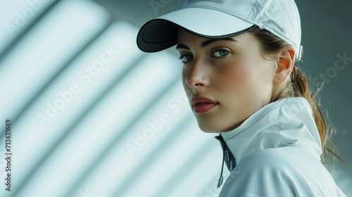 Close-up over-the-shoulder shot of a focused sportswoman wearing a white visor and sportswear against a blurred background