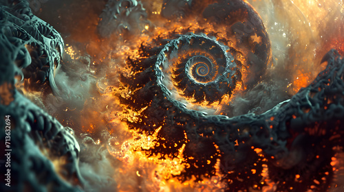 A mesmerizing fractal vortex of fiery art  engulfed in a spiral of smoke  evoking a sense of chaotic beauty and intense passion