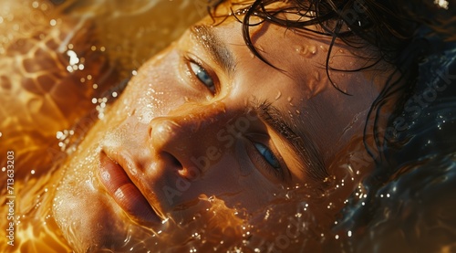 Serene young handsome blue-eyed man with wet hair lying partially submerged in tranquil amber waters, reflecting a sense of peace and introspection, beach, sea, ad concept photo