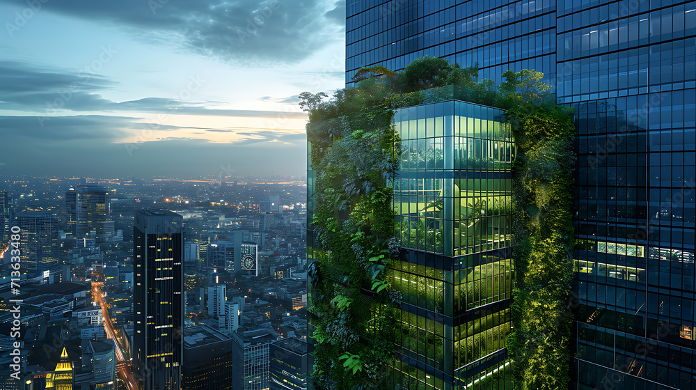 Cachos exuberantes de videiras verdes caem pelas laterais de um arranha-céu de vidro elegante criando um contraste marcante contra o pano de fundo urbano