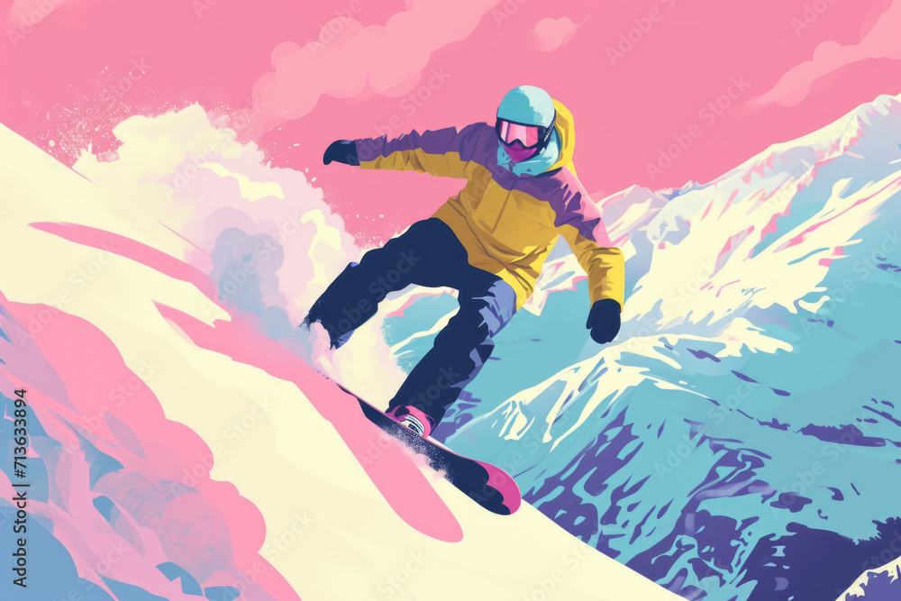 poster for snowboarding apps, in the style of vibrant airy scenes, darkly romantic illustrations poster for snowboarding apps, in the style of vibrant airy scenes, darkly romantic illustrations