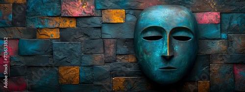 The Enigmatic Blue Mask Balancing on a Weathered Brick Wall, Stirring Imagination and Mystery