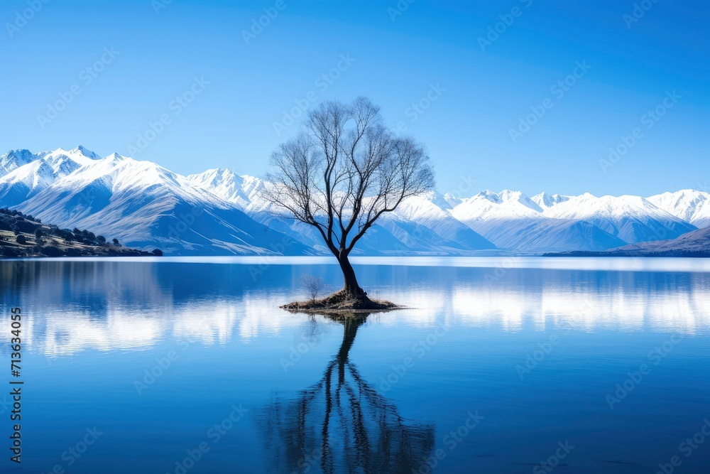 Serene Lone Tree Stands Amidst Lake and Majestic Mountains Serene Lone Tree Stands Amidst Lake and Majestic Mountains