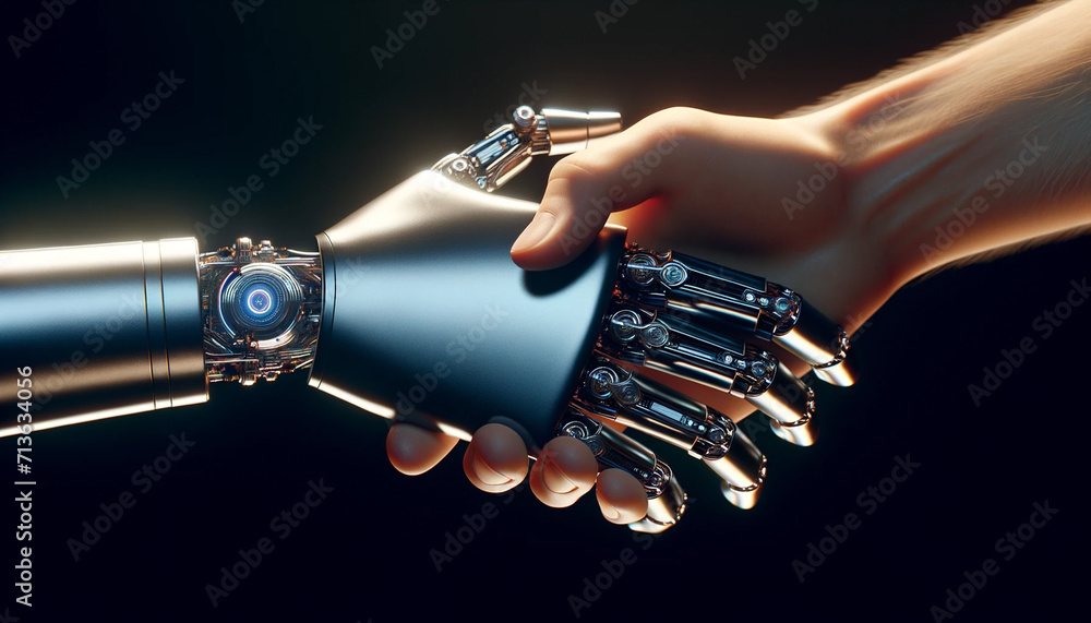 A robot hand and a human hand shaking hands. The focus is on their ...