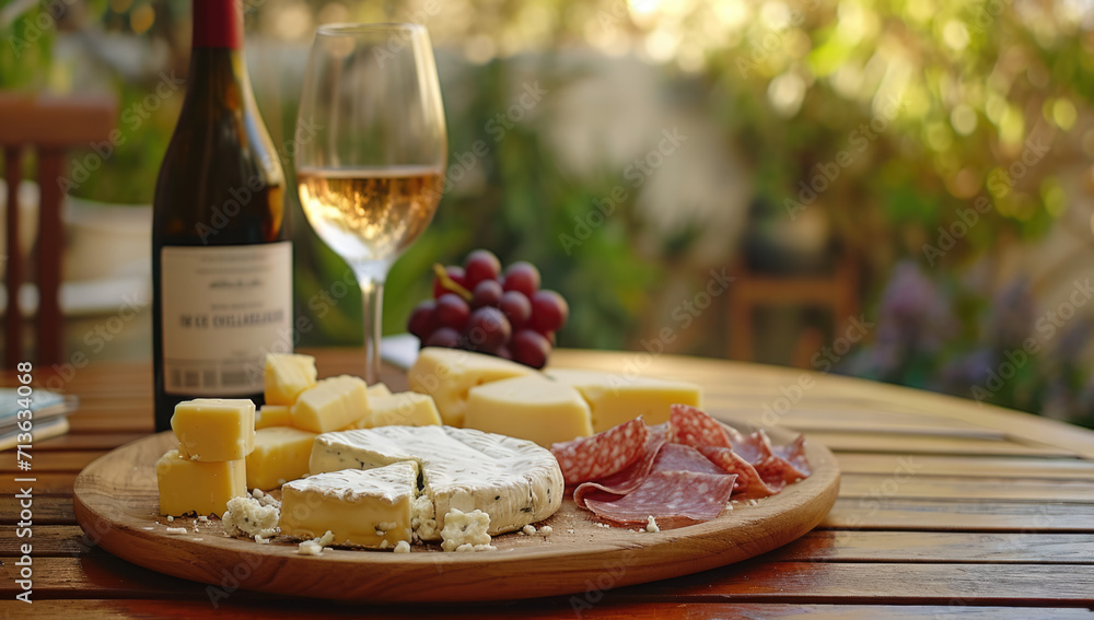 Fototapeta premium cheese and wine pairing, outdoor terrace overlooking vineyards, elegant morning indulgence and elegance, soft diffuse light