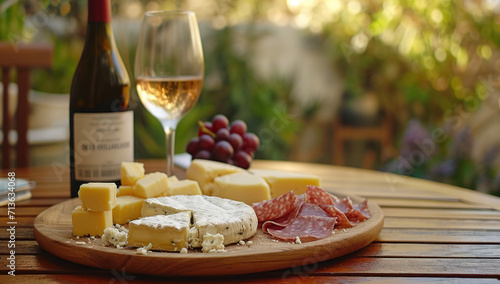 cheese and wine pairing, outdoor terrace overlooking vineyards, elegant morning indulgence and elegance, soft diffuse light