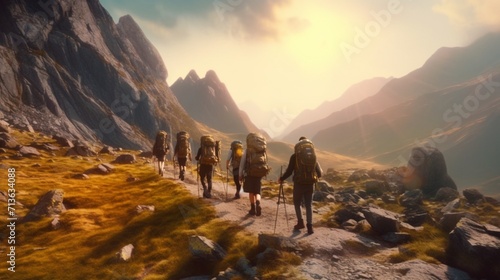 Fényképezés A group of hikers trekking through a AI generated