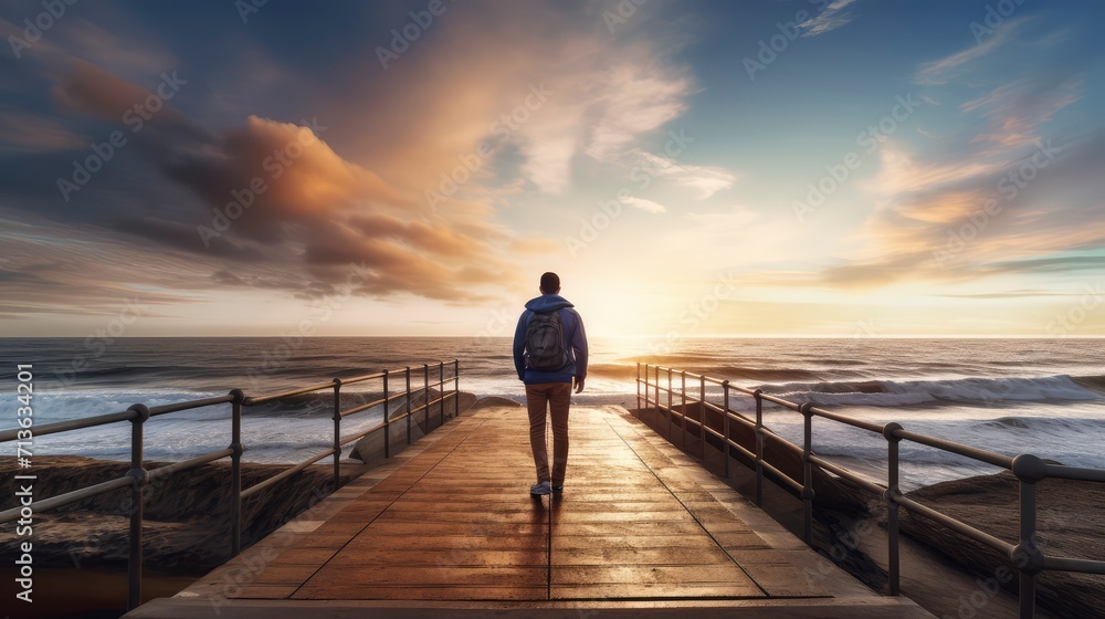 Man Walking Down Pier Towards Ocean Man Walking Down Pier Towards Ocean