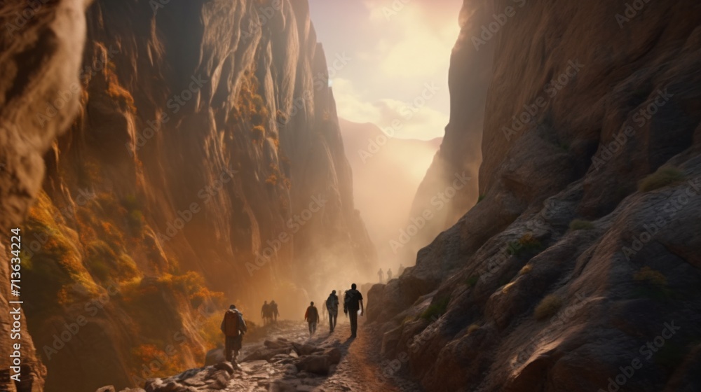 A group of hikers trekking through a cliff AI generative Ai Generative