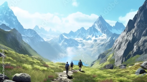A group of hikers trekking through a mountain range Ai Generative