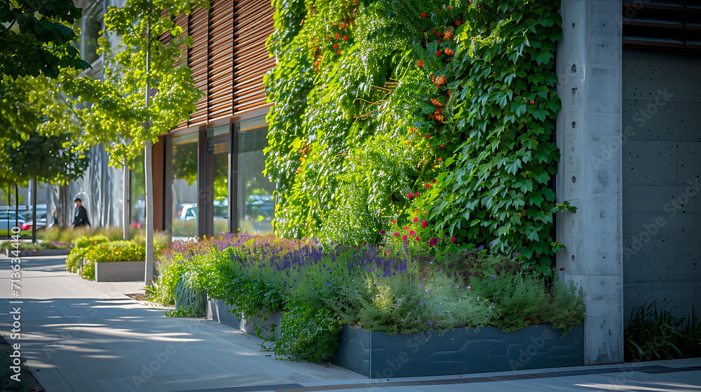 Cachos exuberantes de vinhas verdes caem pelo lado de um prédio moderno de concreto adicionando um toque refrescante da natureza à paisagem urbana