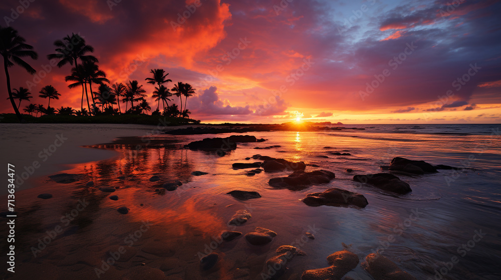 Colorful sunset island tropical beach scenery with palm tree